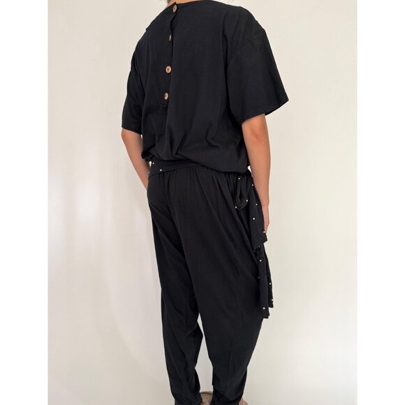 80s black embellished gold seashell retro loose cotton pant one piece jumpsuit - Picture 3 of 10